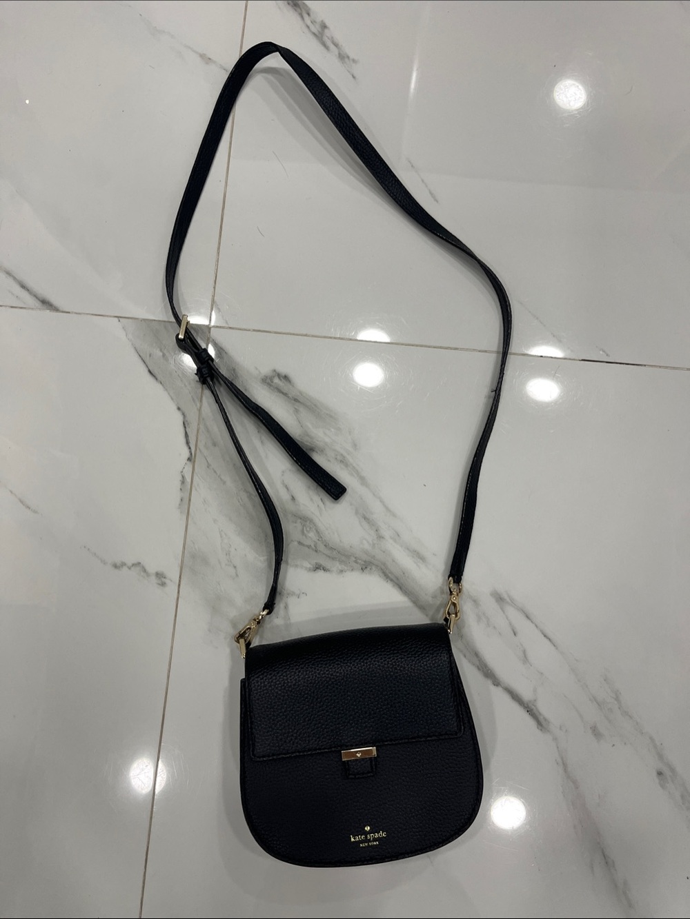 kate spade black pebbled leather flap crossbody with gold hardware